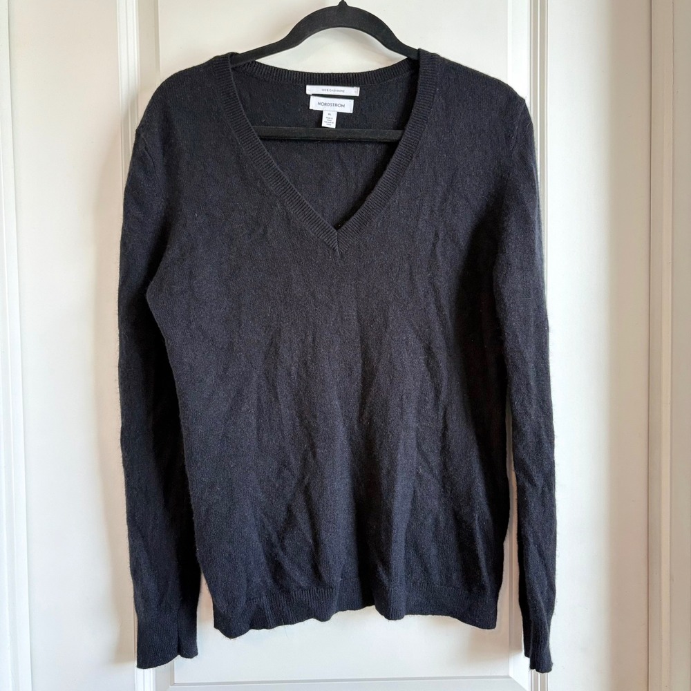 Nordstrom Cashmere Sweater Men's XL Black V-Neck Long Sleeve Knit Pullover‎